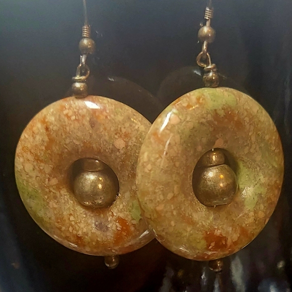 Vintage Green & Brown Nephrite Disc Hoop Earrings with 925 Sterling Silver Beads - Picture 4 of 6